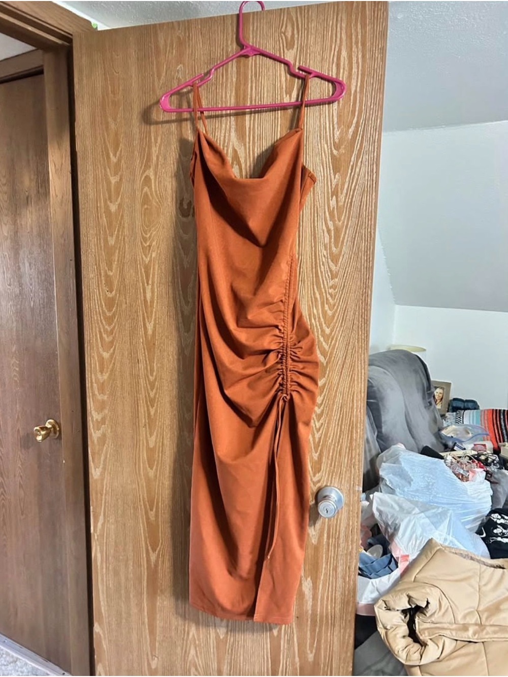 Cider Rust Orange Ruched Midi Slip Dress